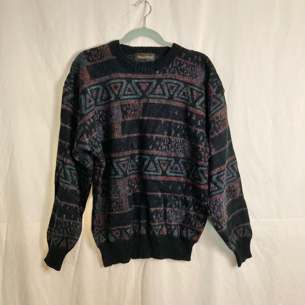 Michael Gerald Vintage 90s Geometric Tribal Knit Crewneck Sweater L Grandpa Boho